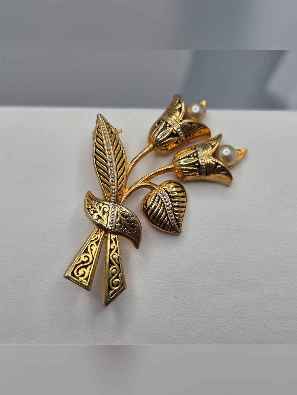 Vintage Spanish Toledo Damascene Floral Brooch Tulip Bouquet Faux Pearl Pin
